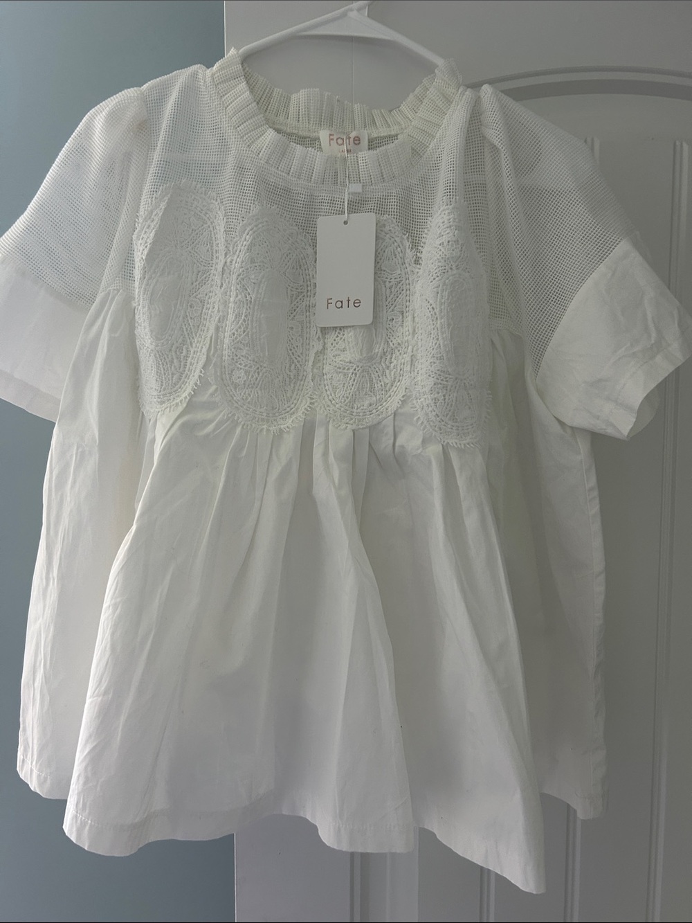Fate Ladies White Lace-Yoke Peplum Top